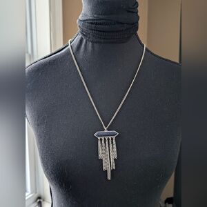 Modern Silver Tone Fringe Necklace | Blue Bar Pendant